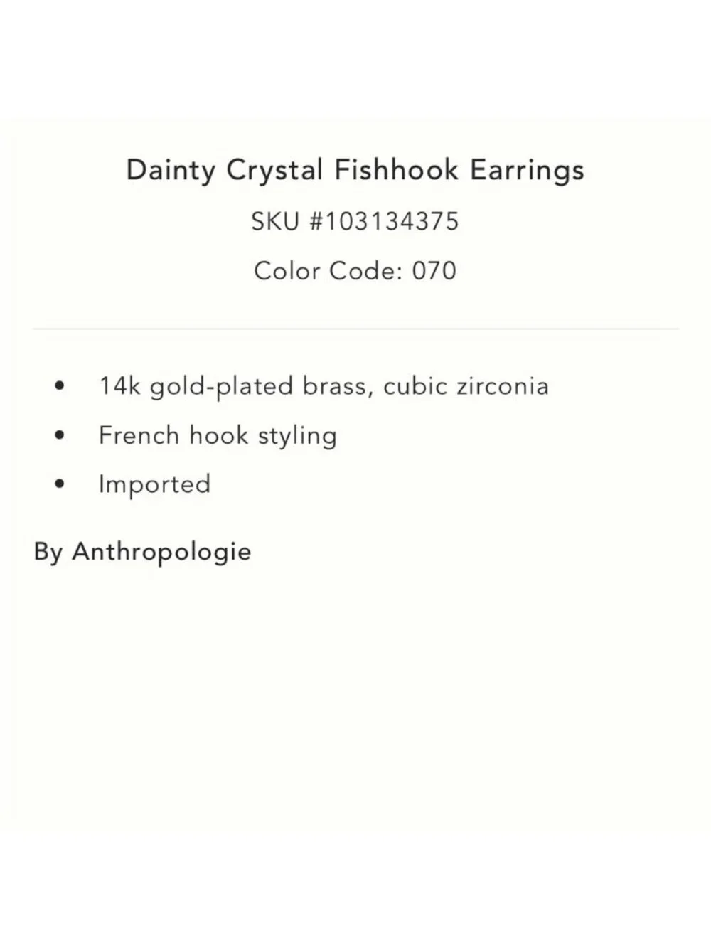 New! Anthropologie 14K Gold Plated Crystal Fishhook Earrings NWT